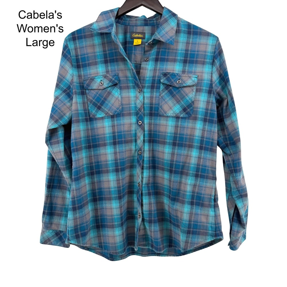 Cabelas Womens Large Blue Teal Grey Plaid‎ Tartan Flannel Button Down Shirt